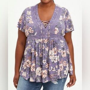 TORRID Babdoll Crinkle Gauze Crochet Inset Lace-Up Top, Purple Cadet Floral